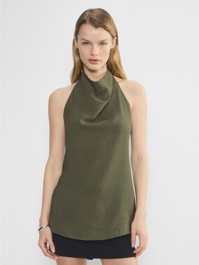 NWT Aritzia Olive Green Vivienne Halter Neck Satin Blouse